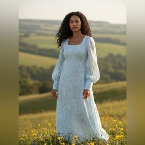 VTG 60s Handmade Blue/White Raised Design Women’s Lantern Sleeve Empire Waist XS